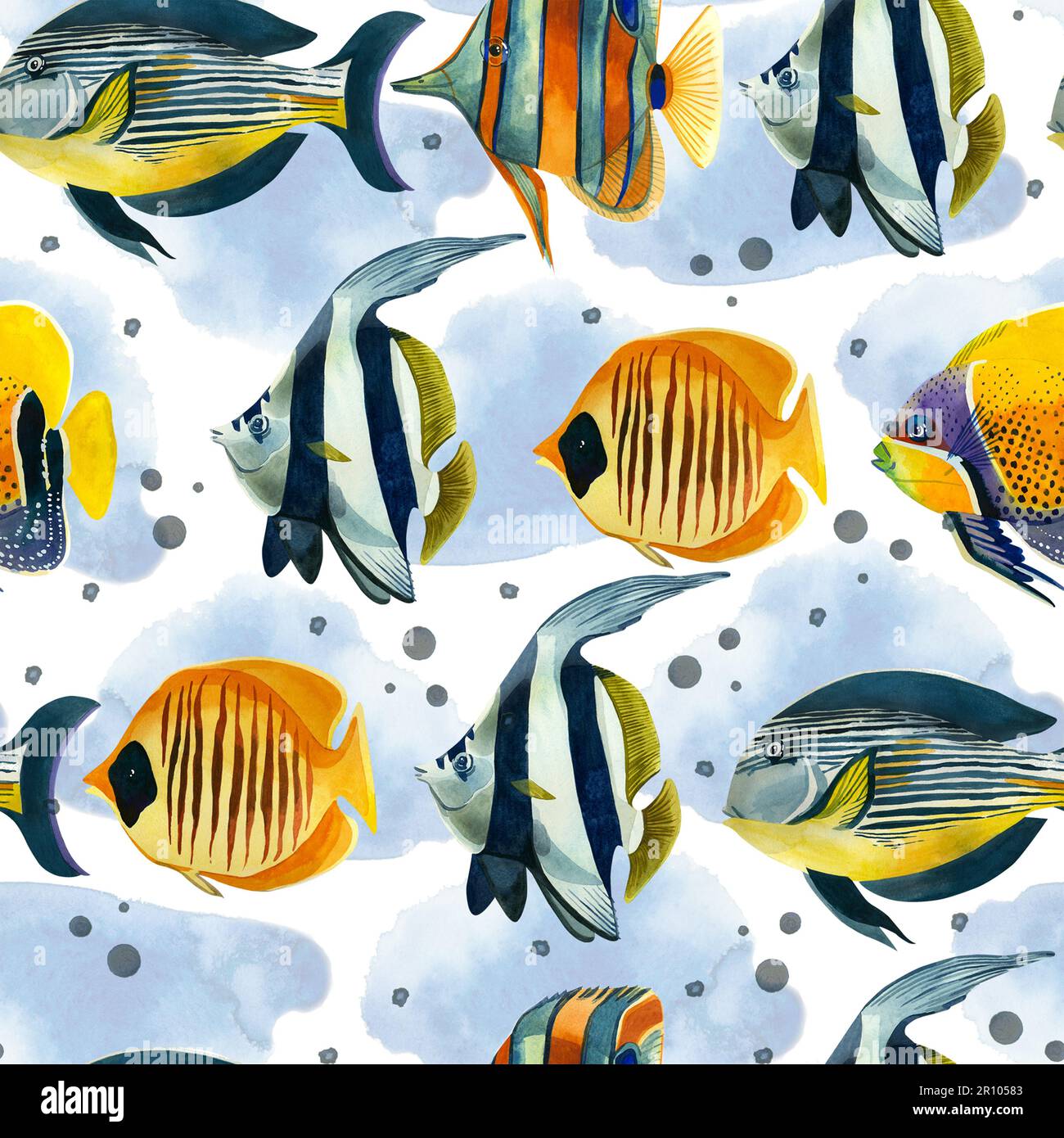 Seamless pattern. Tropical fishes of bright colors, pink stars, corals and blue spots, hand-drawn in watercolor on a white background. Suitable for pr Stock Photo