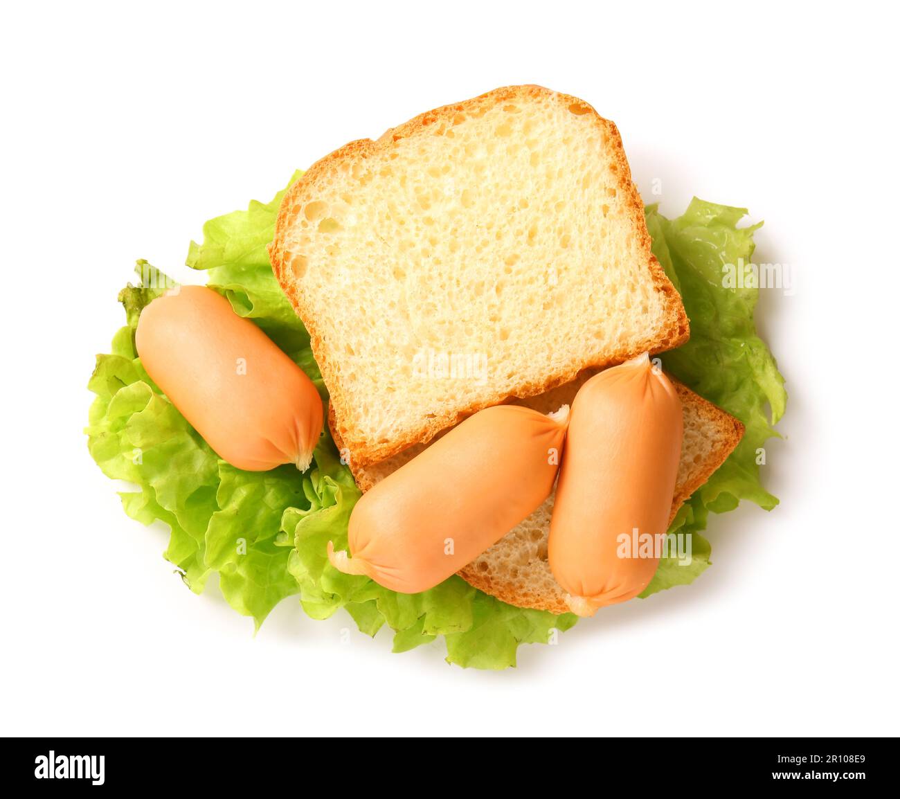 Tasty boiled sausages with lettuce and bread on white background Stock Photo