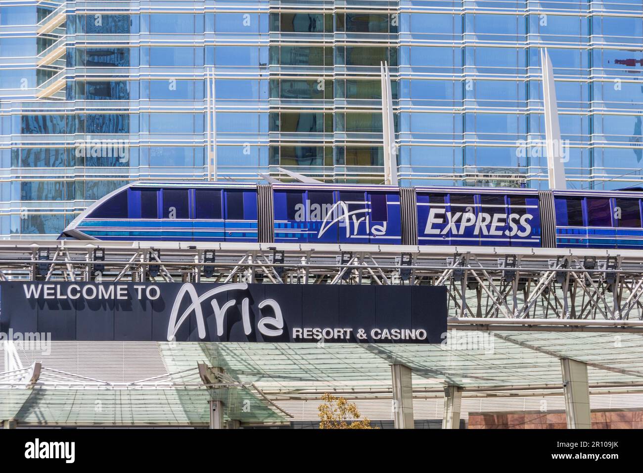 Aira Express tran for unique architecture Aria Hotel and Resort in Las Vegas. Stock Photo