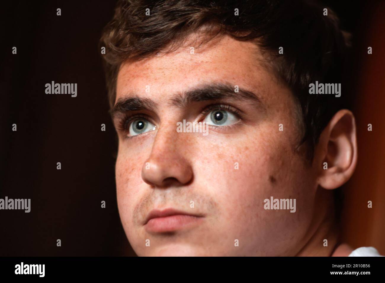 Young man with gray eyes. Sad men with freckles. Closeup face portrait ...