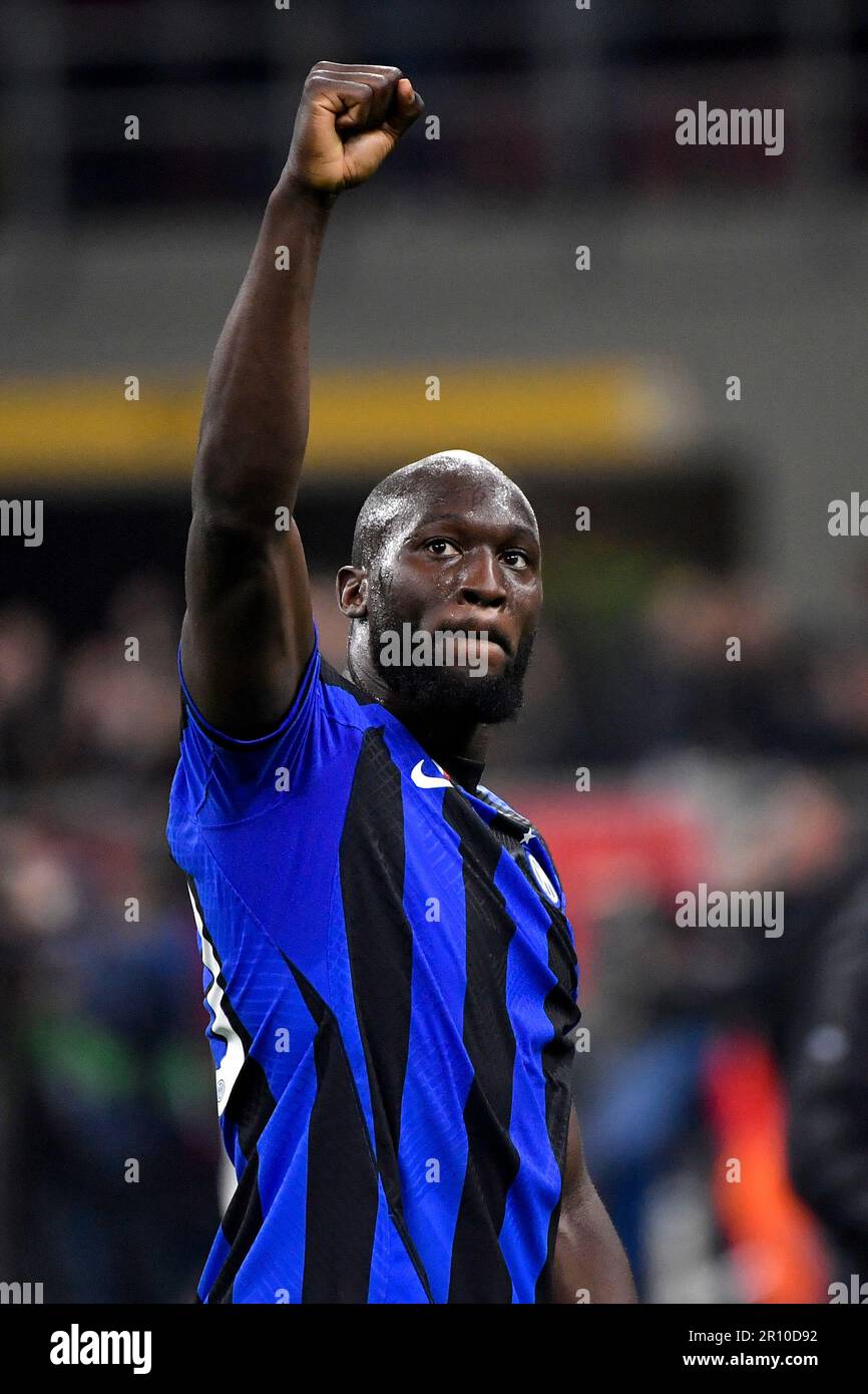 Milan, Italy. 10th May, 2023. Romelu Lukaku of Fc Internazionale celebrates at the end of the Uefa Champions League football match between AC Milan and FC Internazionale at San Siro stadium in Milan (Italy), May 10th 2023. Credit: Insidefoto di andrea staccioli/Alamy Live News Stock Photo