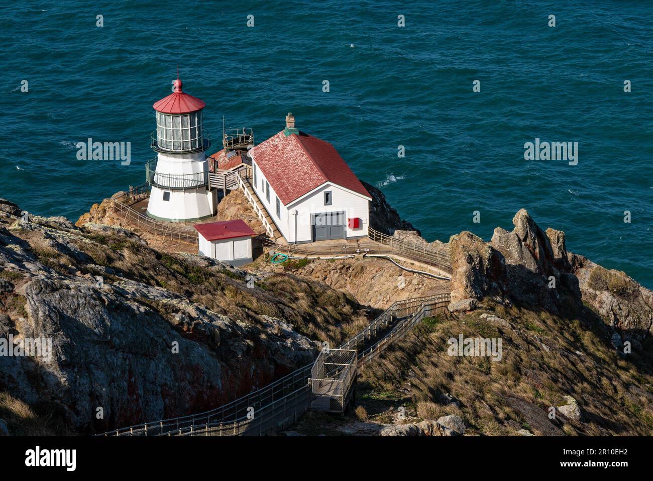 View of Point Reyes Lighthouse along Point Reyes National Shore, California on a sunny day Stock Photo