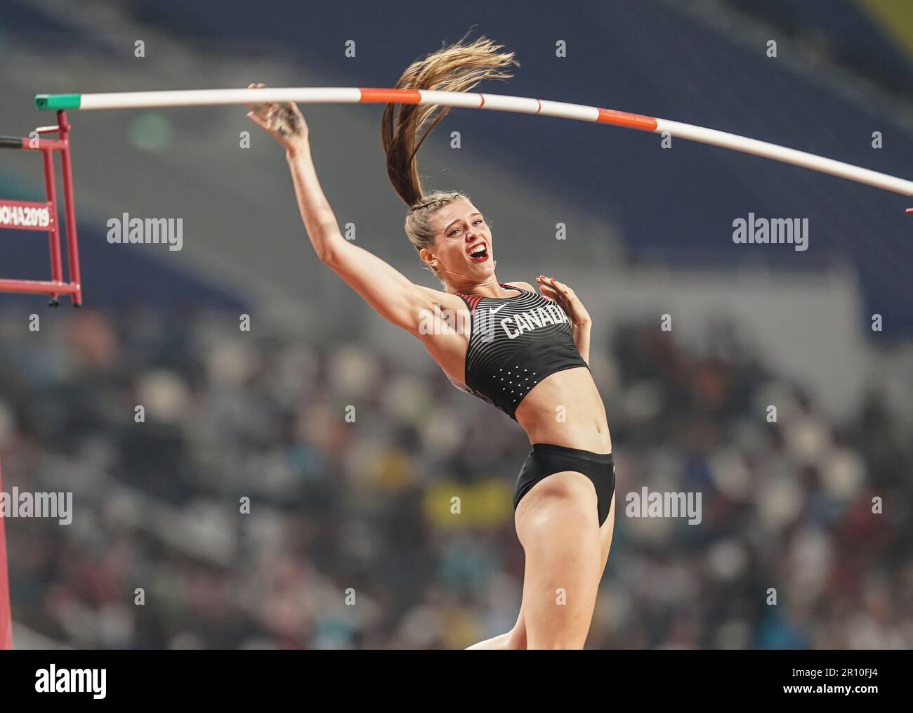 Alysha Newman participating in the pole vault at the Doha 2019 World ...