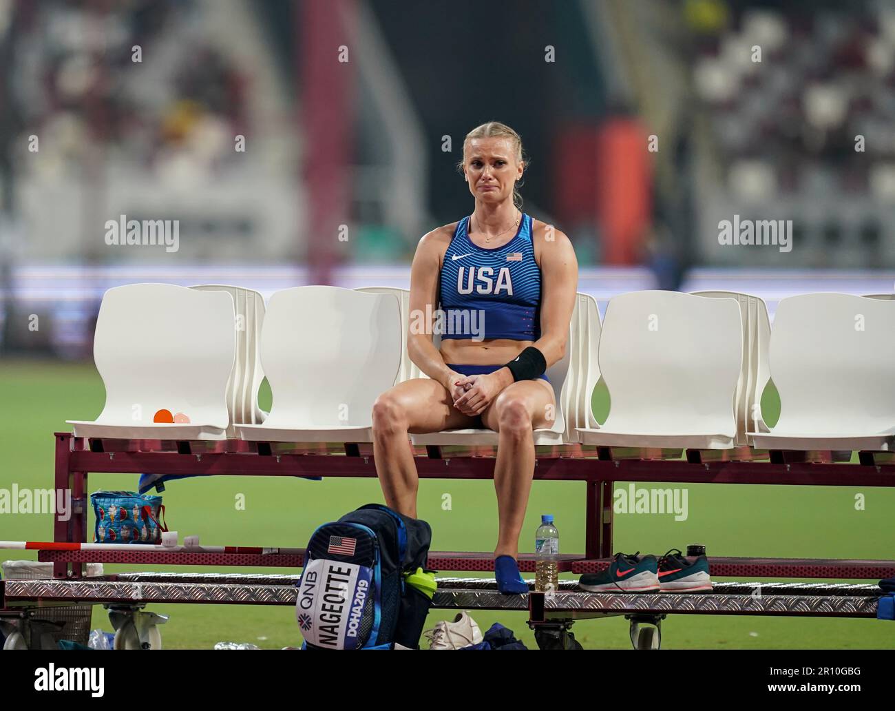 Katie Nageotte crying in the pole vault at the World Athletics