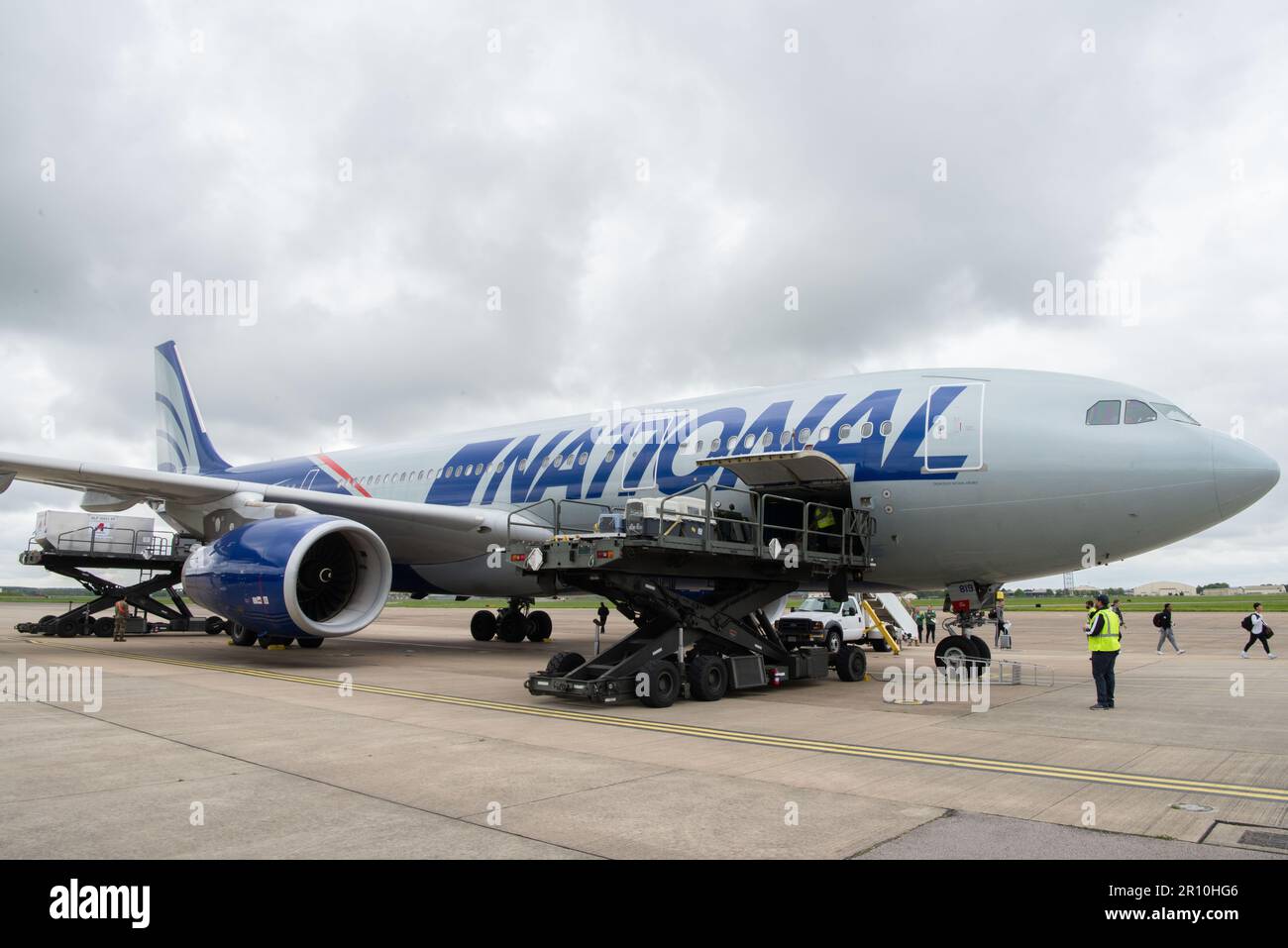 Pets are unloaded from the Patriot Express aircraft after landing at