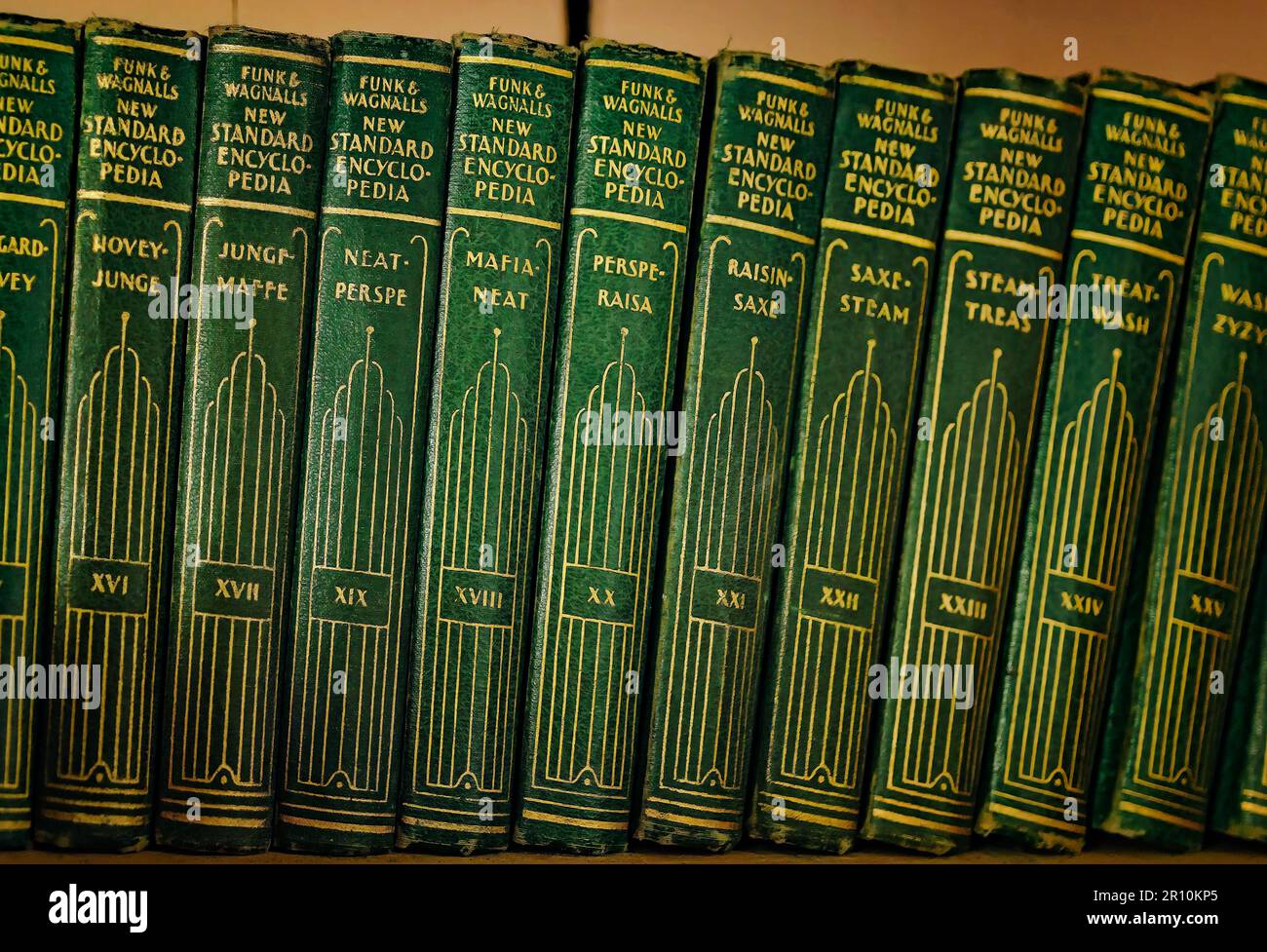 Funk & Wagnalls New Standard Encyclopedias from 1931 are displayed inside an old-fashioned general store in Stockton, Alabama. Stock Photo