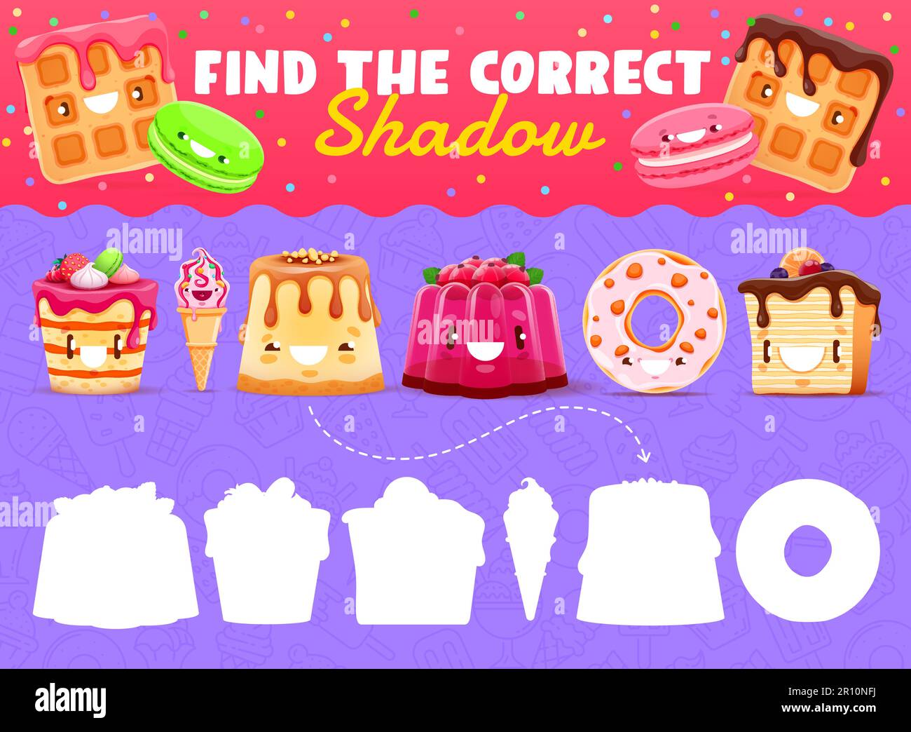 Find the correct shadow of cartoon sweets, ice cream and dessert characters. Kid game worksheet