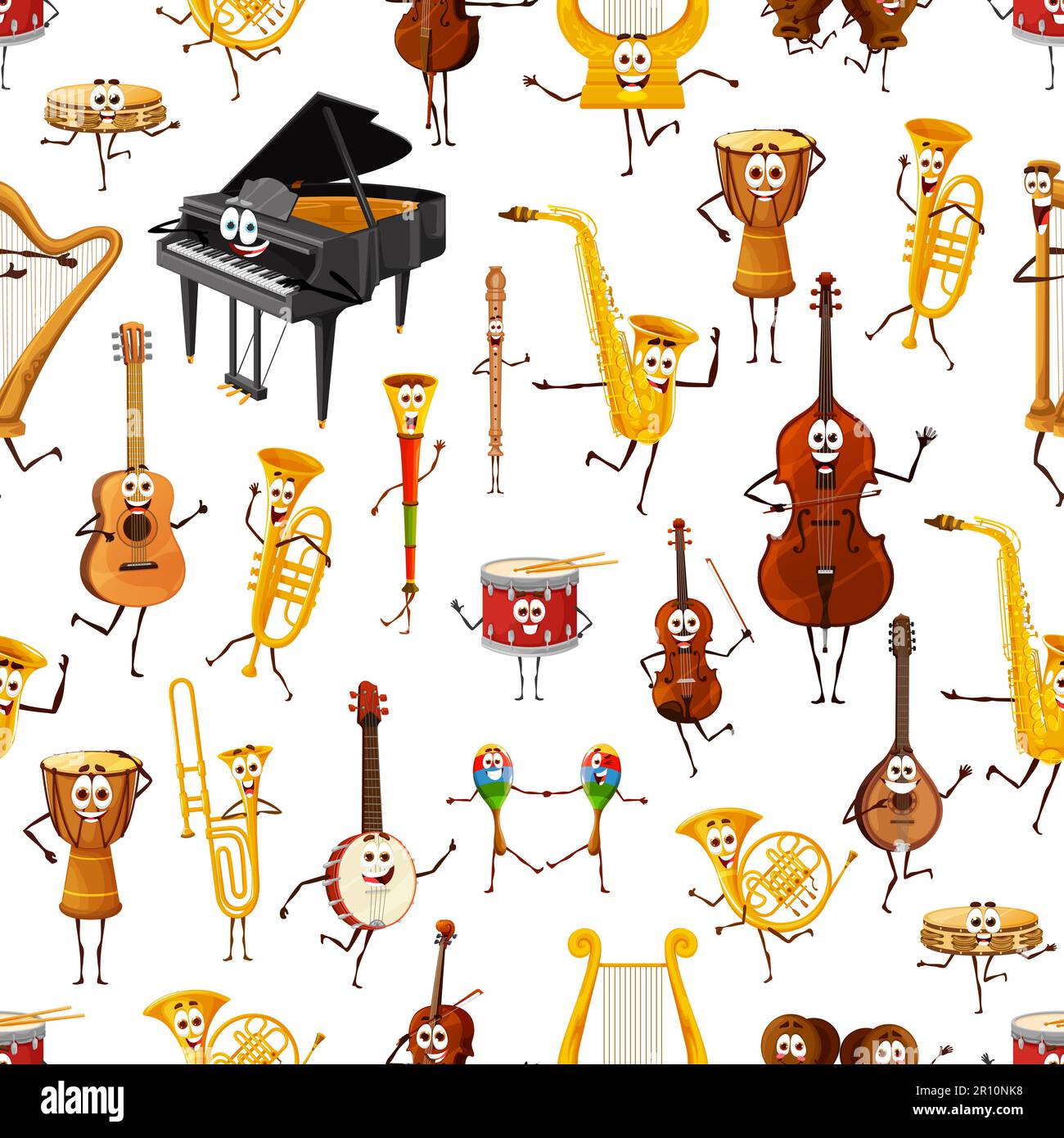 Cartoon musical instrument characters seamless pattern. Wallpaper or  textile vector print with funny harp, guitar and trumpet, flute, drum,  violin and saxophone, banjo, piano, cello and tambourine Stock Vector Image  & Art -