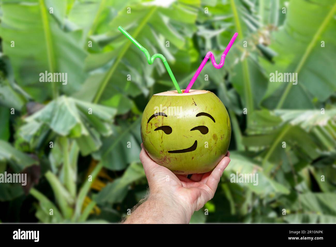 Green coconut with drawn emoji. tropical coconut water in selective