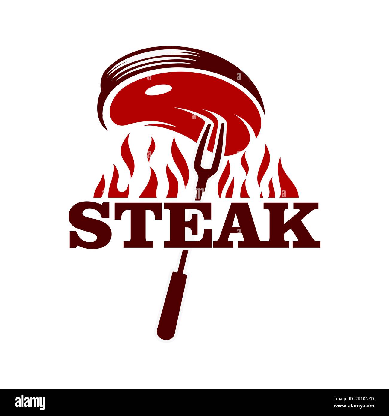 Steak grill icon, barbecue meat on fork and fire flames, steakhouse restaurant vector sign. BBQ