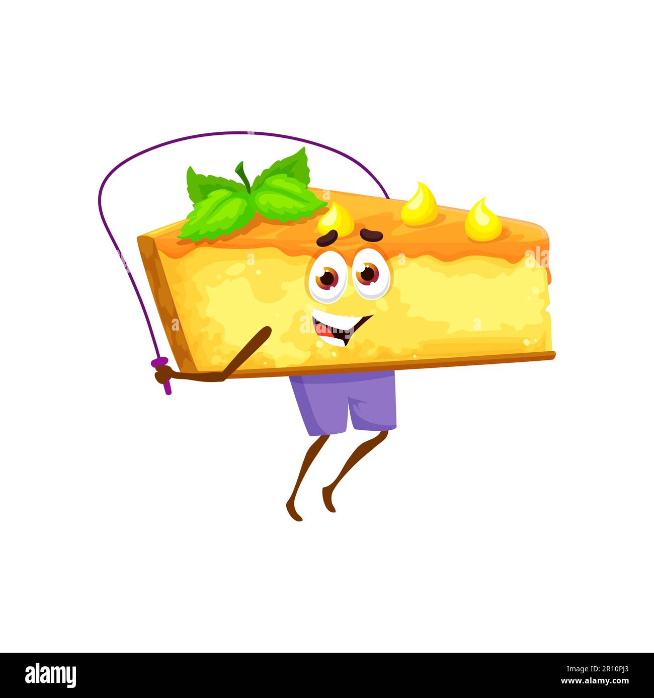 Cartoon jumping cheesecake character with skipping rope. Funny piece of cheese cake or cream pie vector personage doing cardio sport exercises. Cute sweet food dessert emoji, bakery and gym emoticon Stock Vector