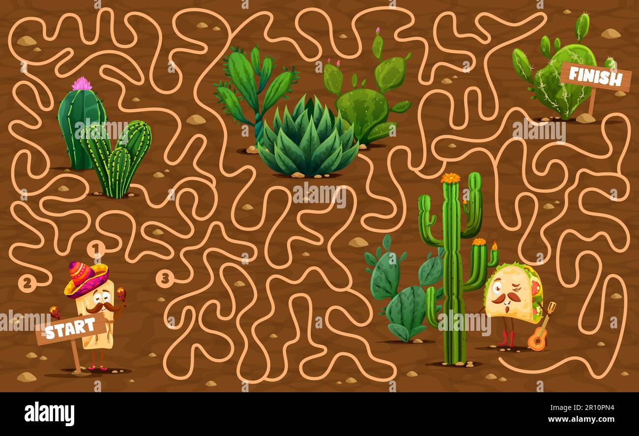 Labyrinth maze, mexican prickly cactus succulents kids game. Vector worksheet of pathfinding puzzle quiz, help taco character find right way in desert with saguaro, agave cacti and succulent plants Stock Vector