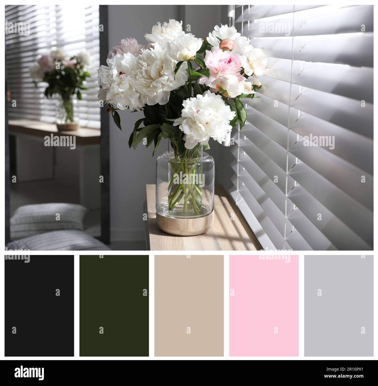 Bouquet of beautiful peony flowers on windowsill indoors and color palette. Collage Stock Photo
