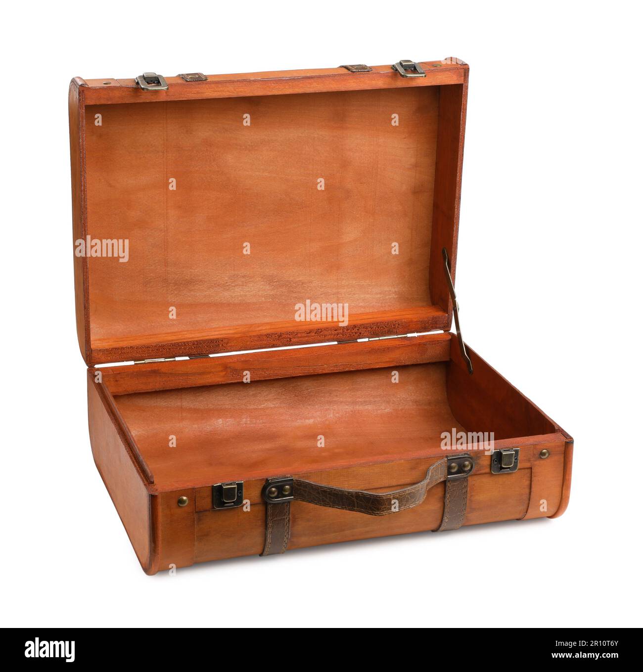Opened brown stylish suitcase on white background Stock Photo