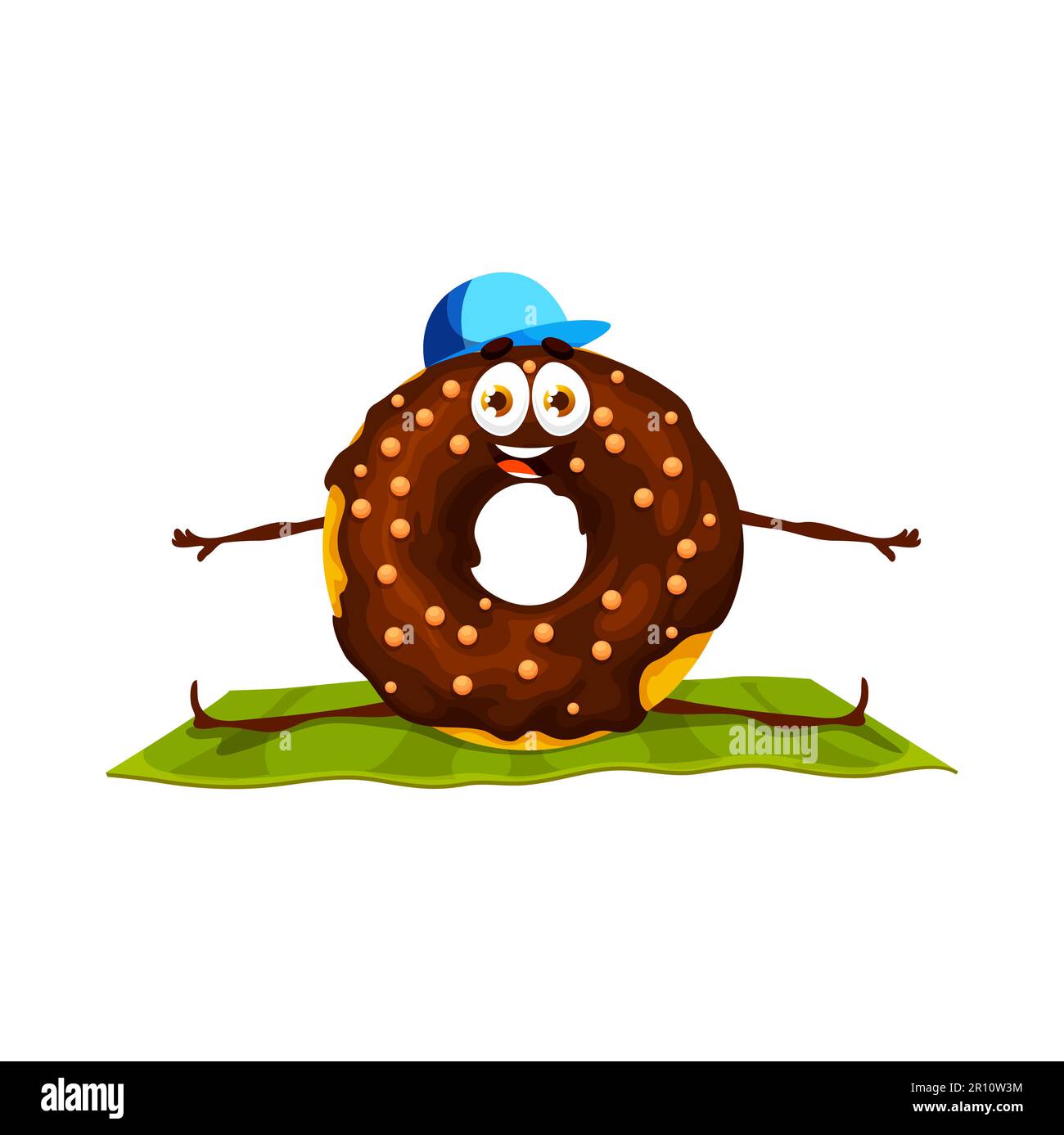 Cartoon chocolate donut character in yoga pose. Vector cute doughnut