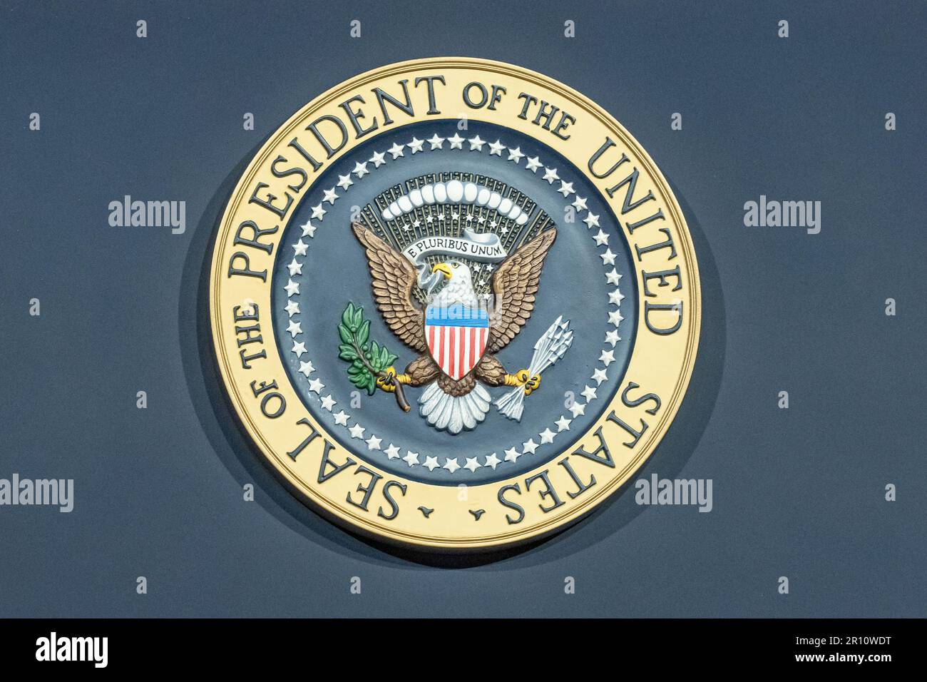 Valhalla, New York, USA. 10th May, 2023. (NEW) President Biden Delivers Remarks On The Debt Ceiling. May 10, 2023, Valhalla, New York, USA: Seal of the President of United States affixed to the podium during an event with US President Joe Biden at SUNY Westchester Community College on May 10, 2023 in Valhalla, New York, USA. U.S. President Joe Biden on Wednesday blasted Republican-demanded spending cuts as &quot;devastating,&quot; making his case in a campaign-style speech to voters as lawmakers met in Washington on raising the government's borrowing limit to avoid a potentially ca Stock Photo
