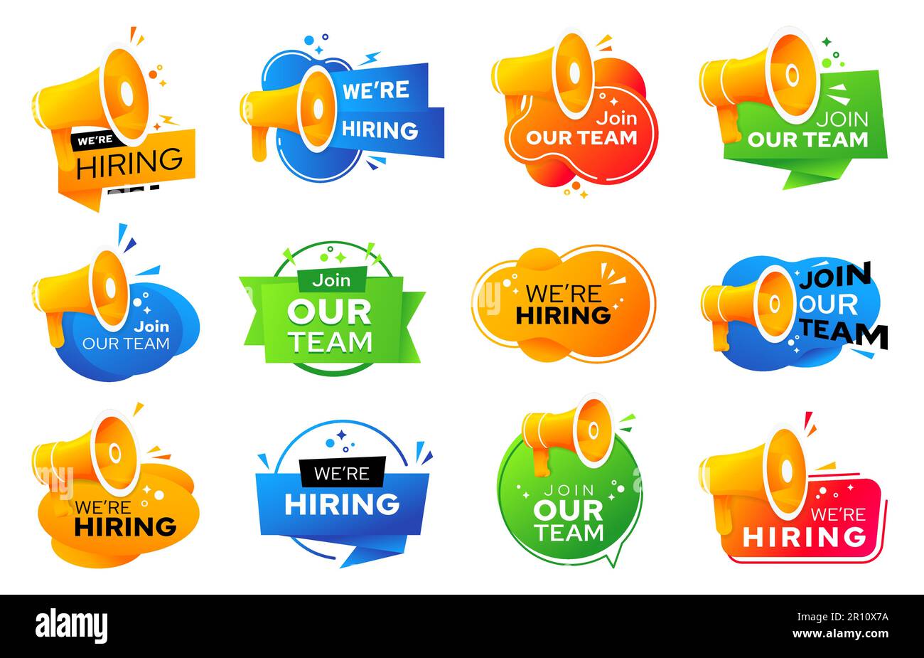 We are hiring, job offer or recruit and join our team, vector megaphone icons We are hiring signs or job vacancy posters and join our team banners for work employment or recruitment announcement Stock Vector