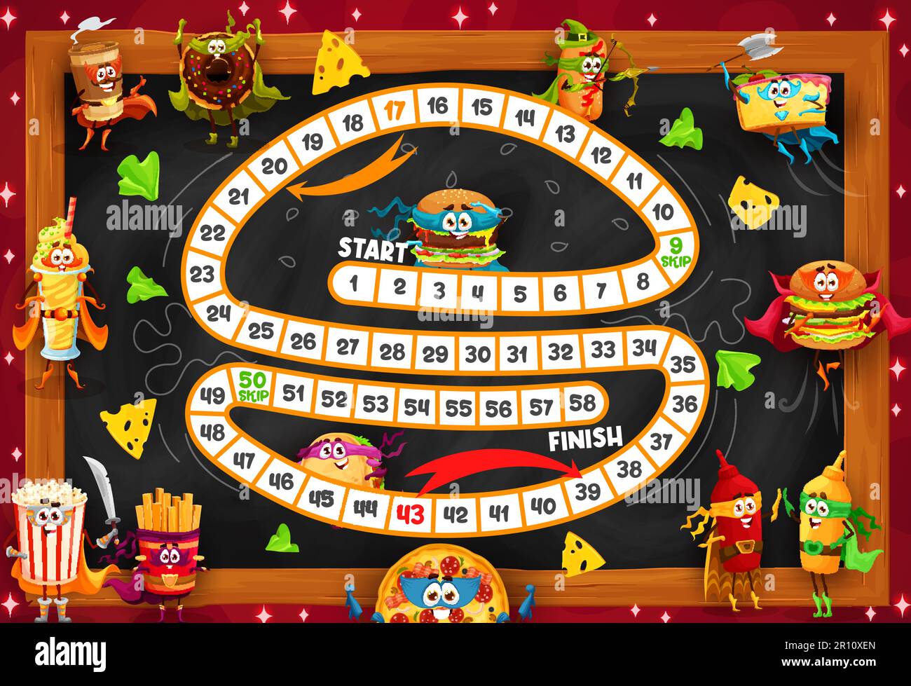 Kids board game. Fast food characters. Child roll and move playing