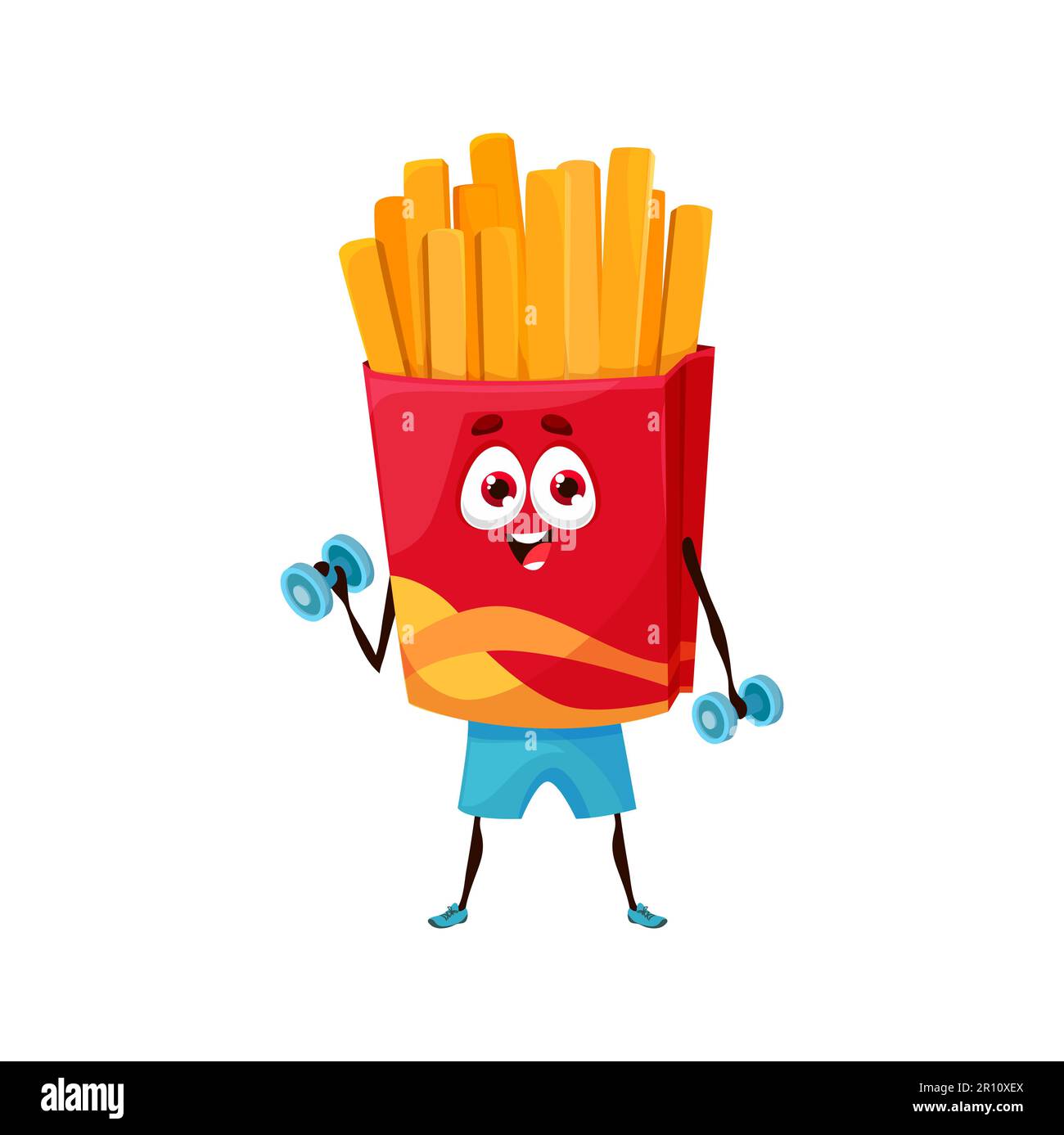 Cartoon french fries character with dumbbells. Fast food potato chips