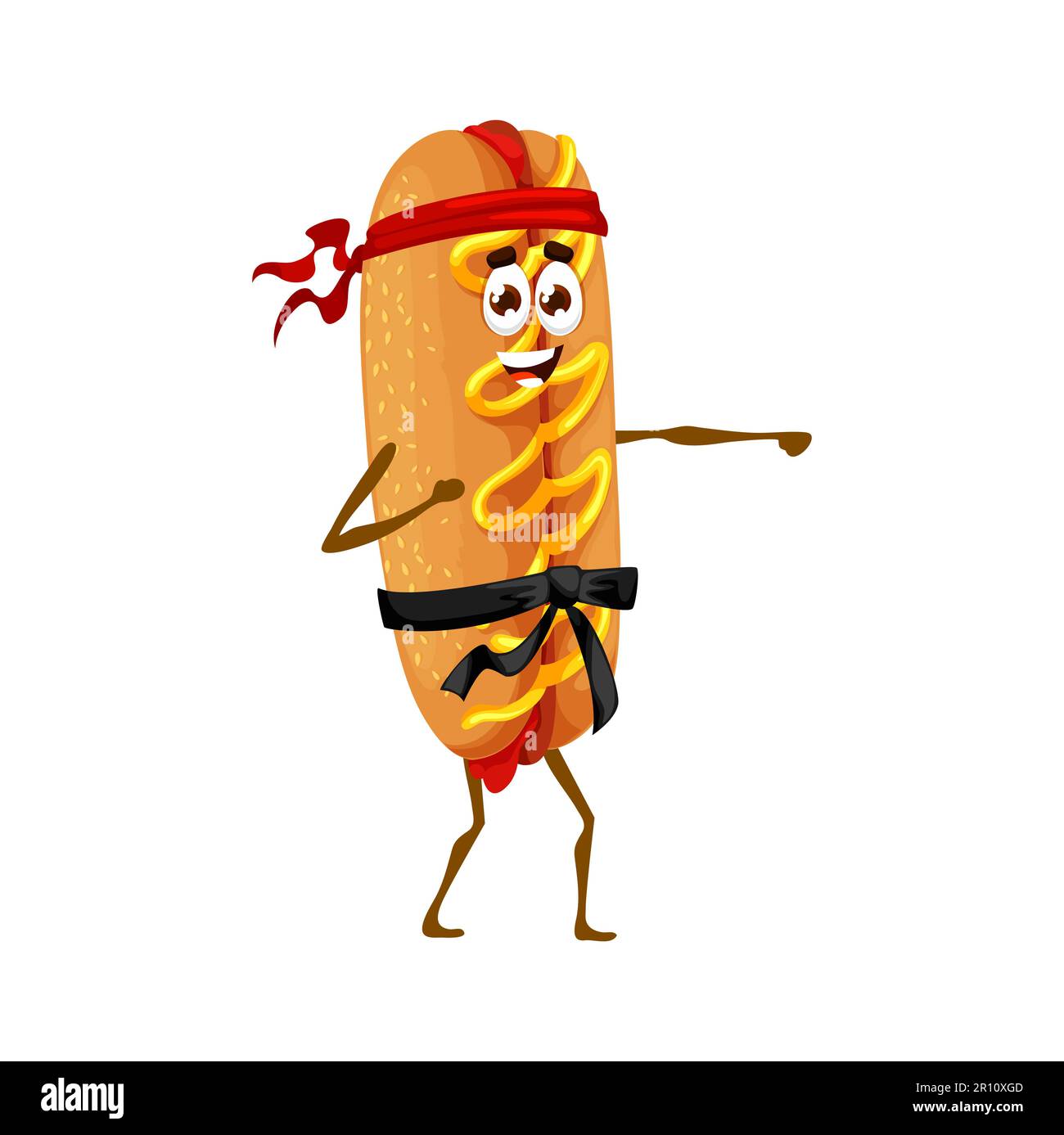 Cartoon hot dog character on karate sport training. Vector fast food