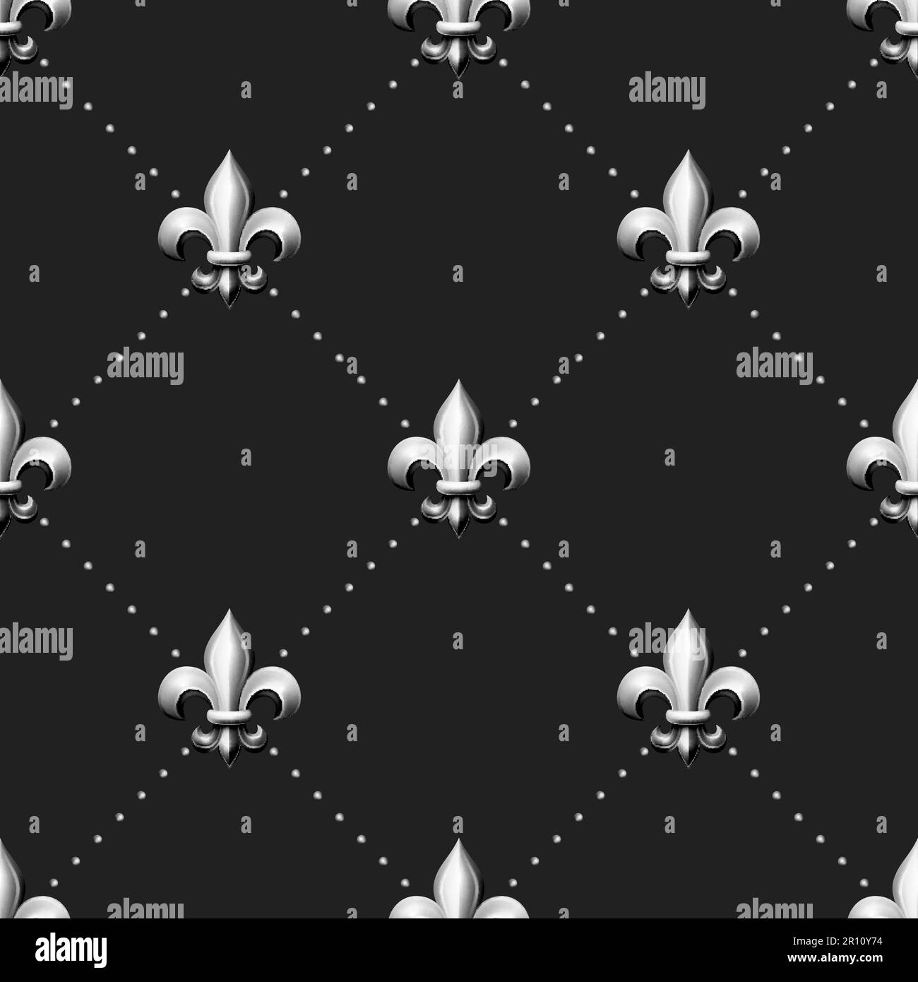 Vector Seamless Pattern with Vintage 3d Realistic Metal Silver Color Fleur De Lis Closeup on Black Background. Heraldic Lily, Front View. Vector Stock Vector