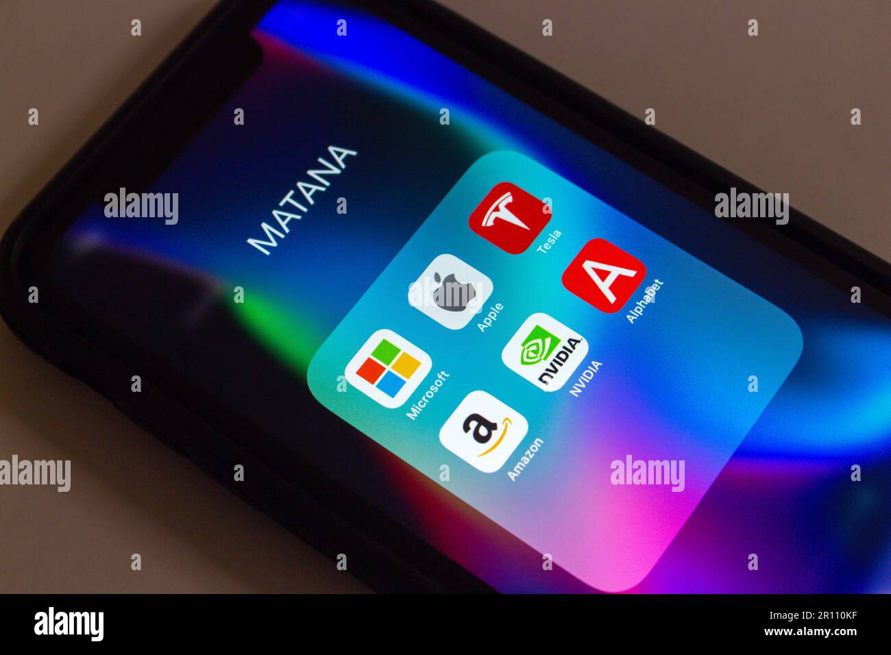 MATANA (Microsoft, Apple, Tesla, Alphabet Inc, Nvidia, and Amazon) icons on iPhone. An undated ver. of FAANG, GAFA or MAMAA. New big tech concept Stock Photo
