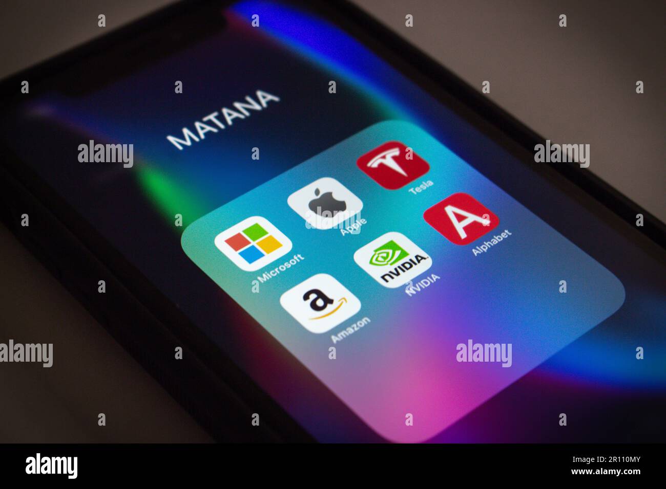 MATANA (Microsoft, Apple, Tesla, Alphabet Inc, Nvidia, and Amazon) icons on iPhone. An undated ver. of FAANG, GAFA or MAMAA. New big tech concept Stock Photo