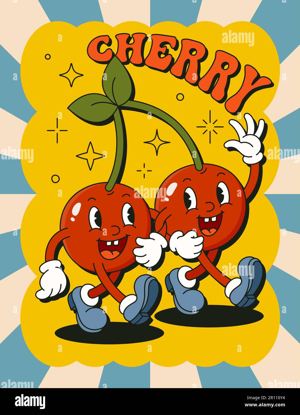 Retro Cartoon Character Cherry Poster. Vector Funny Comic Illustration in Trendy Groovy Style for T-Shirt Print, Wall Art, Case Phone, Notepad Cover, Stock Vector