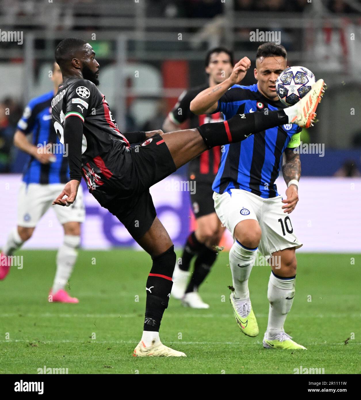 Milan, Italy. 10th May, 2023. FC Inter's Lautaro Martinez (R) vies with 