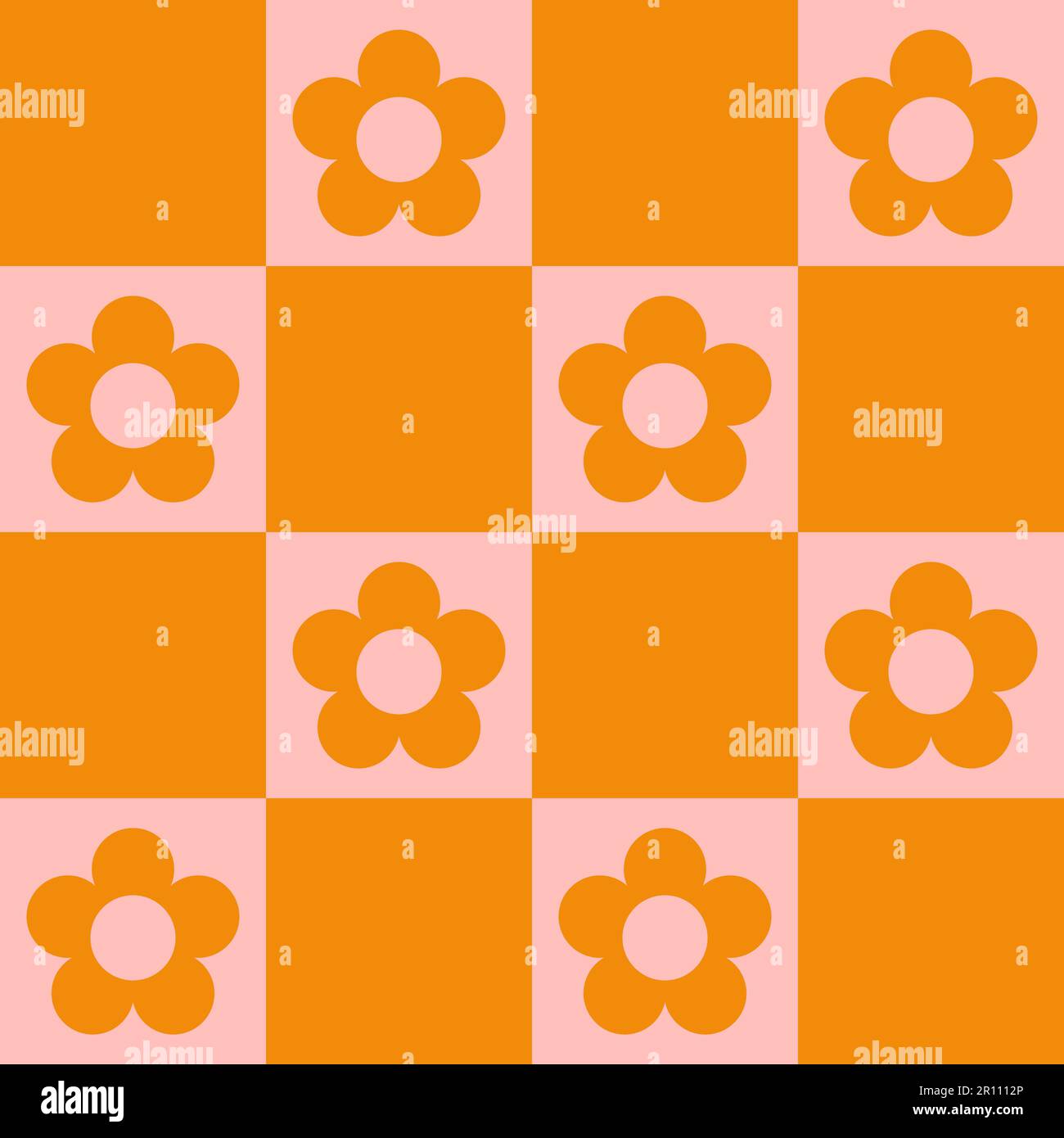 Groovy Checkerboard and Daisy Flowers Seamless Pattern. Geometric Vector Background in 1970s Hippie Retro Style for Print on Textile, Wrapping Paper Stock Vector