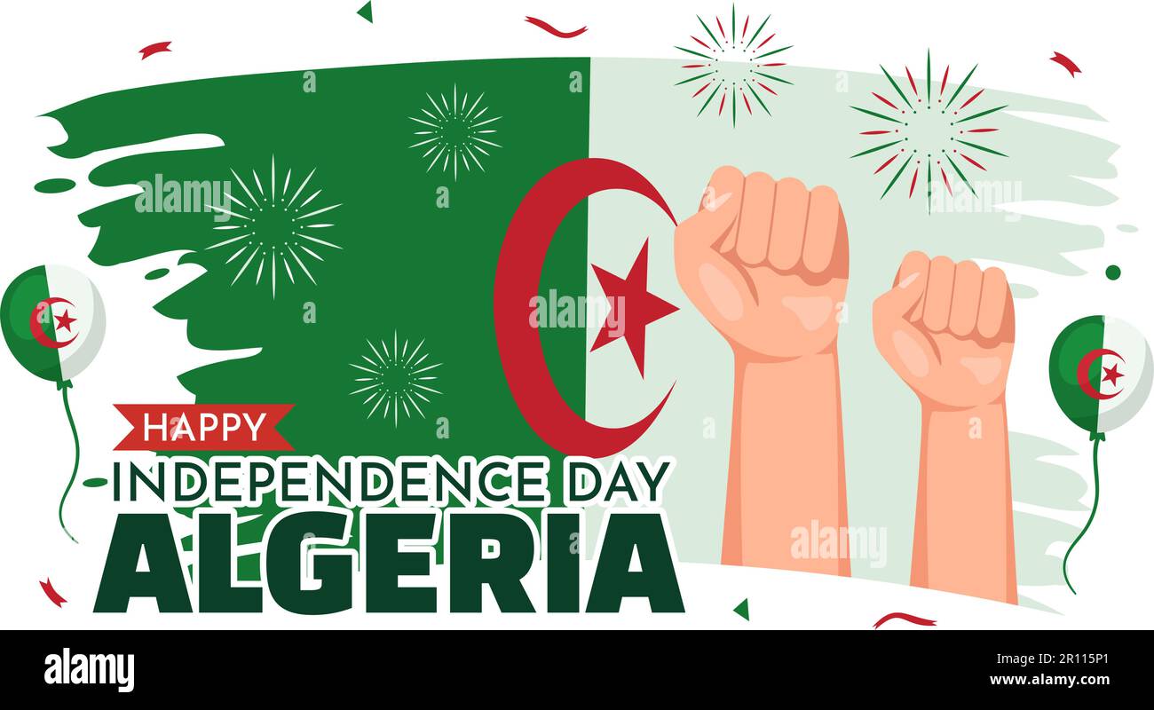 Happy Algeria Independence Day Vector Illustration with Waving Flag in Flat Cartoon Hand Drawn Landing Page Green Background Templates Stock Vector