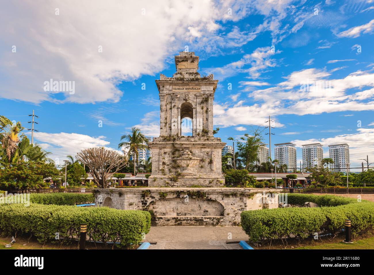 Mactan Shrine, aka Liberty Shrine, a memorial park on Mactan in Lapu Lapu City, Cebu, Philippines. Translation: Spanish Glories Stock Photo