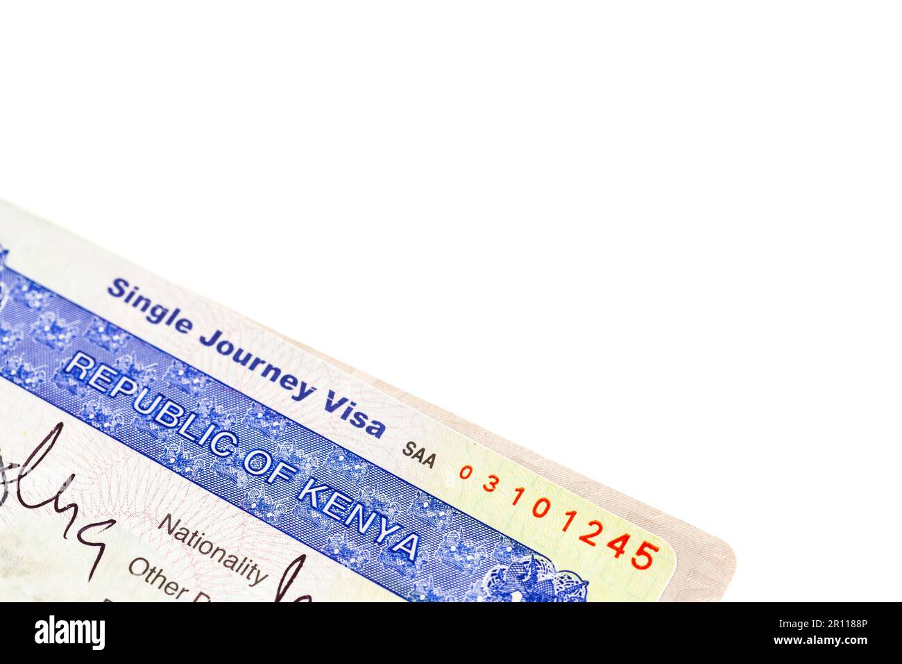 Detail of Kenya visa applied on passport Stock Photo