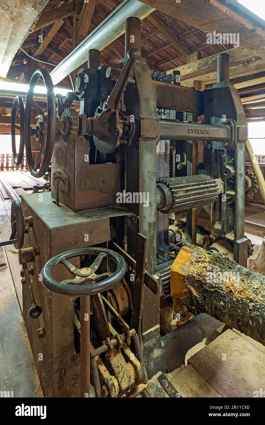 Gang saw in a historic sawmill built in 1870, still in operation, Upper