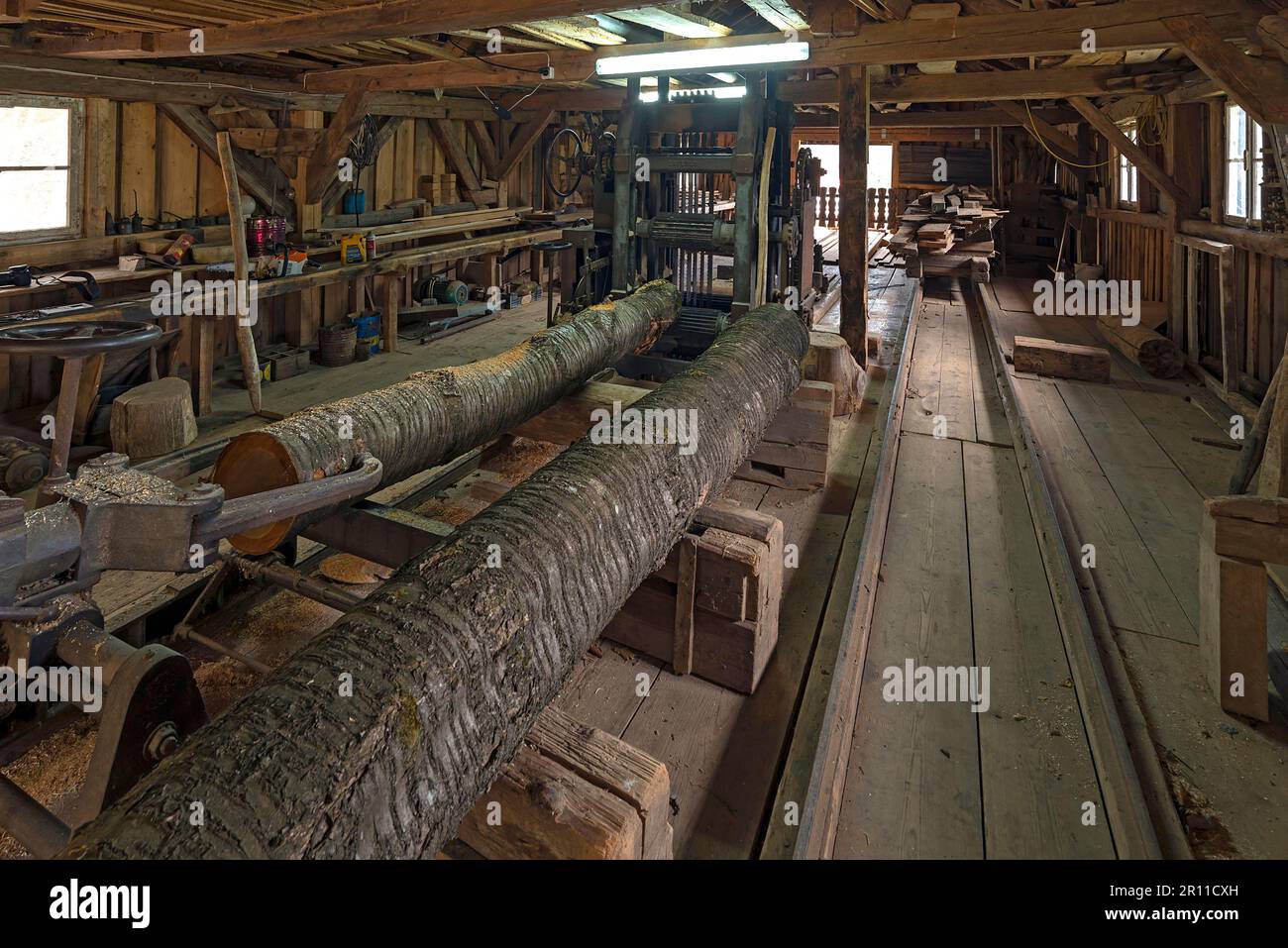 Gang saw in a historic sawmill built in 1870, still in operation, Upper