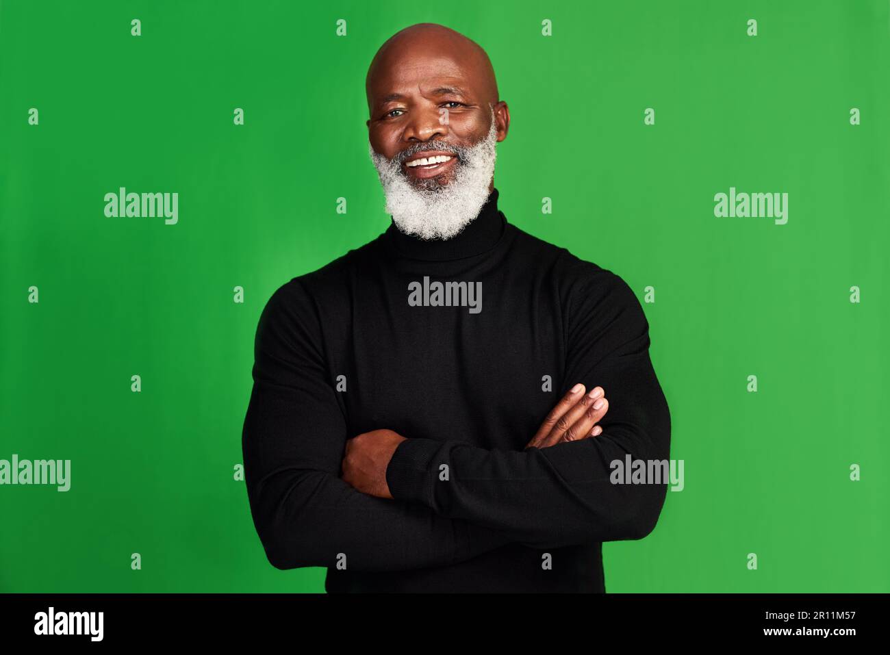 Happy, arms crossed and portrait of black man on green screen for ...