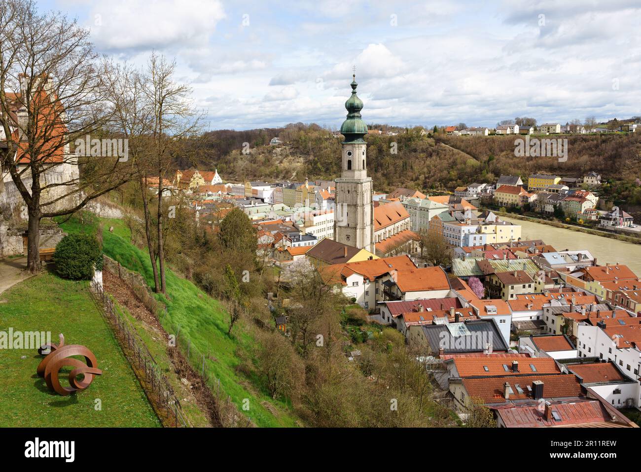 Burghausen in the Altötting district of Upper Bavaria in Germany. Cityscape with Salzach river, near the Austrian border. View from Burghausen Castle. Stock Photo