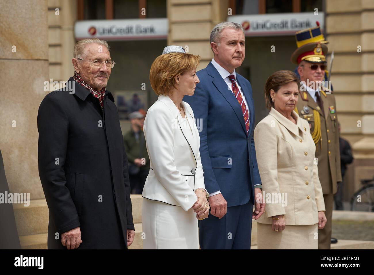 Bucharest, Romania. 10th May, 2023: (L-R) Former president of Romania Emil Constantinescu, Her Majesty Margareta, Prince Radu, and Princess Sofia attends the military ceremony on the occasion of the National Day of Royalty at the Statue of King Carol I of Romania, in Bucharest. Credit: Lucian Alecu/Alamy Live News Stock Photo