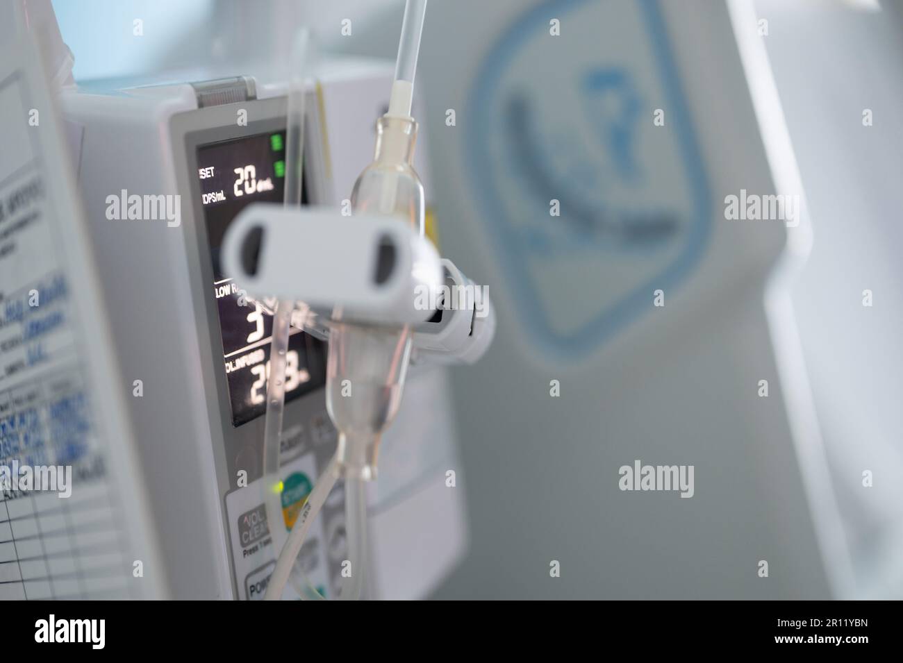 Medical drip iv device with pipe close up view Stock Photo