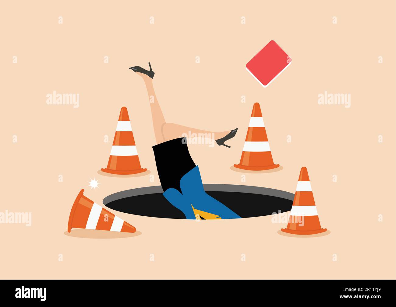 Terrified business woman fall down into the hole. Failure or mistake business concept. Vector illustration Stock Vector