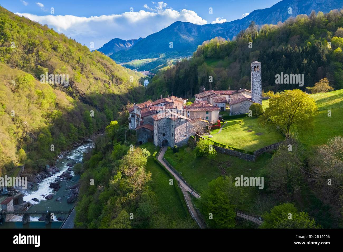 Aerial view of the old village of Cornello dei Tasso, Camerata Cornello, Bergamo province, Brembana valley, Lombardy, Italy, Europe. Stock Photo