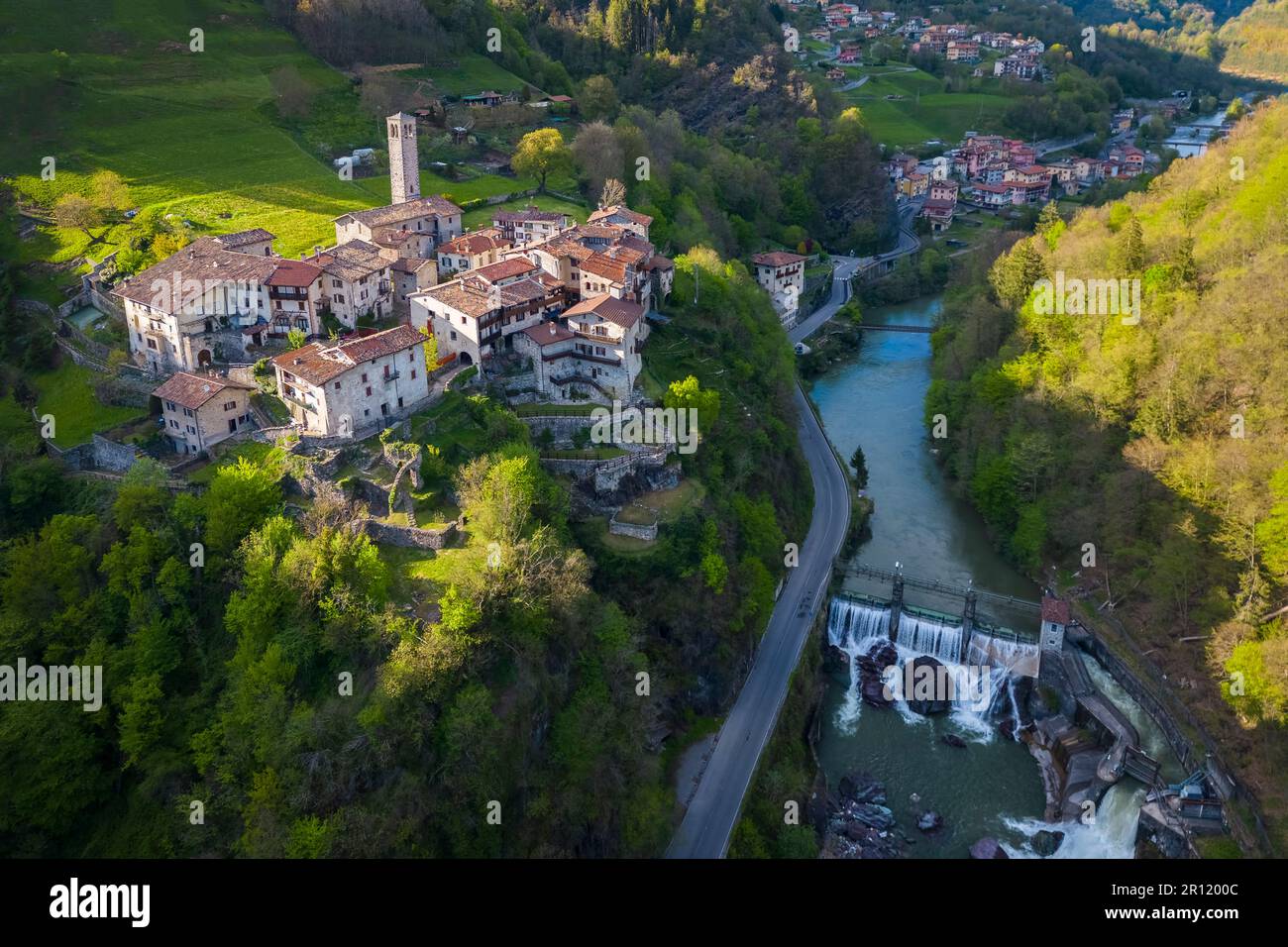Aerial view of the old village of Cornello dei Tasso, Camerata Cornello, Bergamo province, Brembana valley, Lombardy, Italy, Europe. Stock Photo