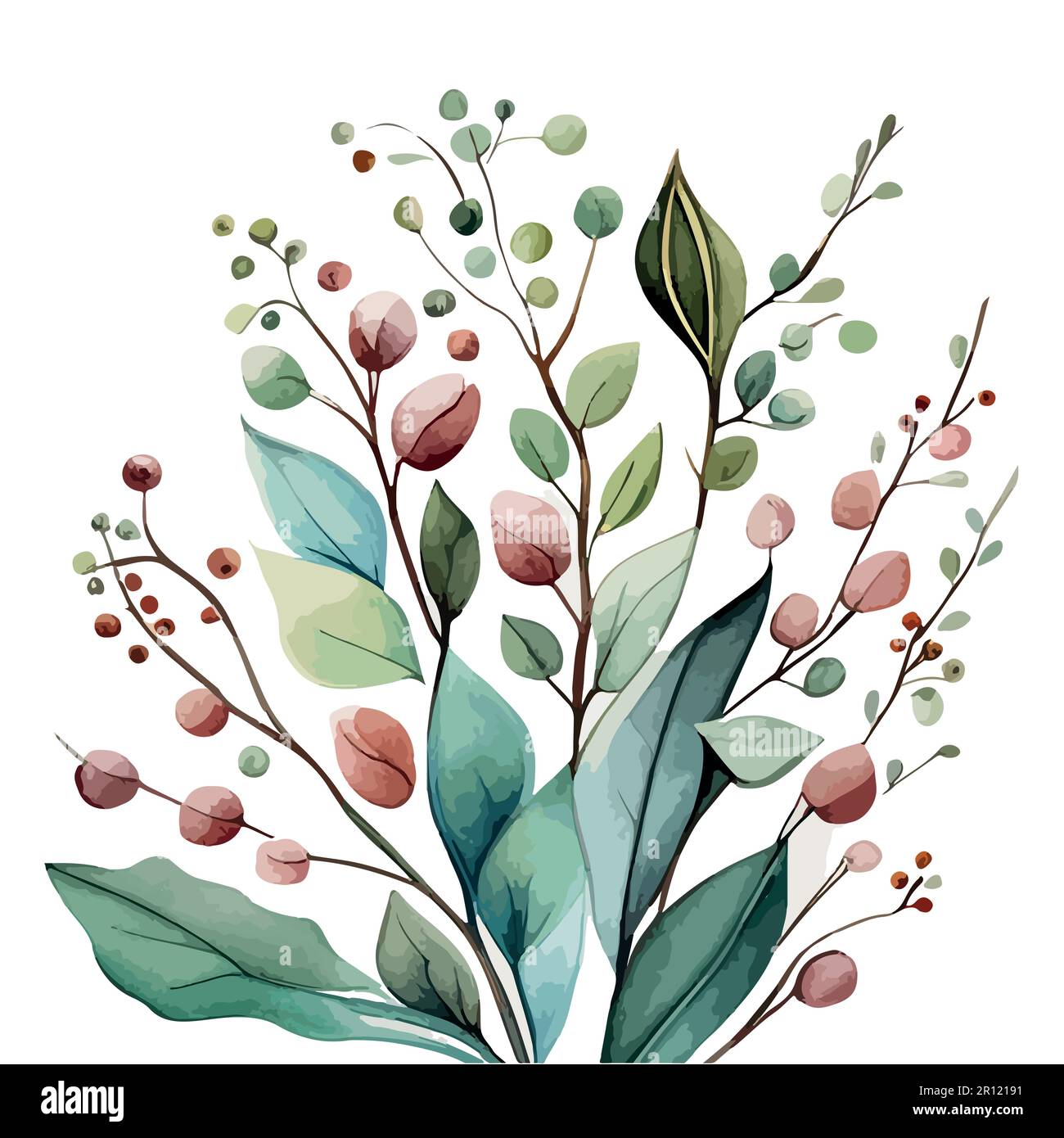 Watercolor floral bouquet illustration blush flower green leaf leaves branches bouquets