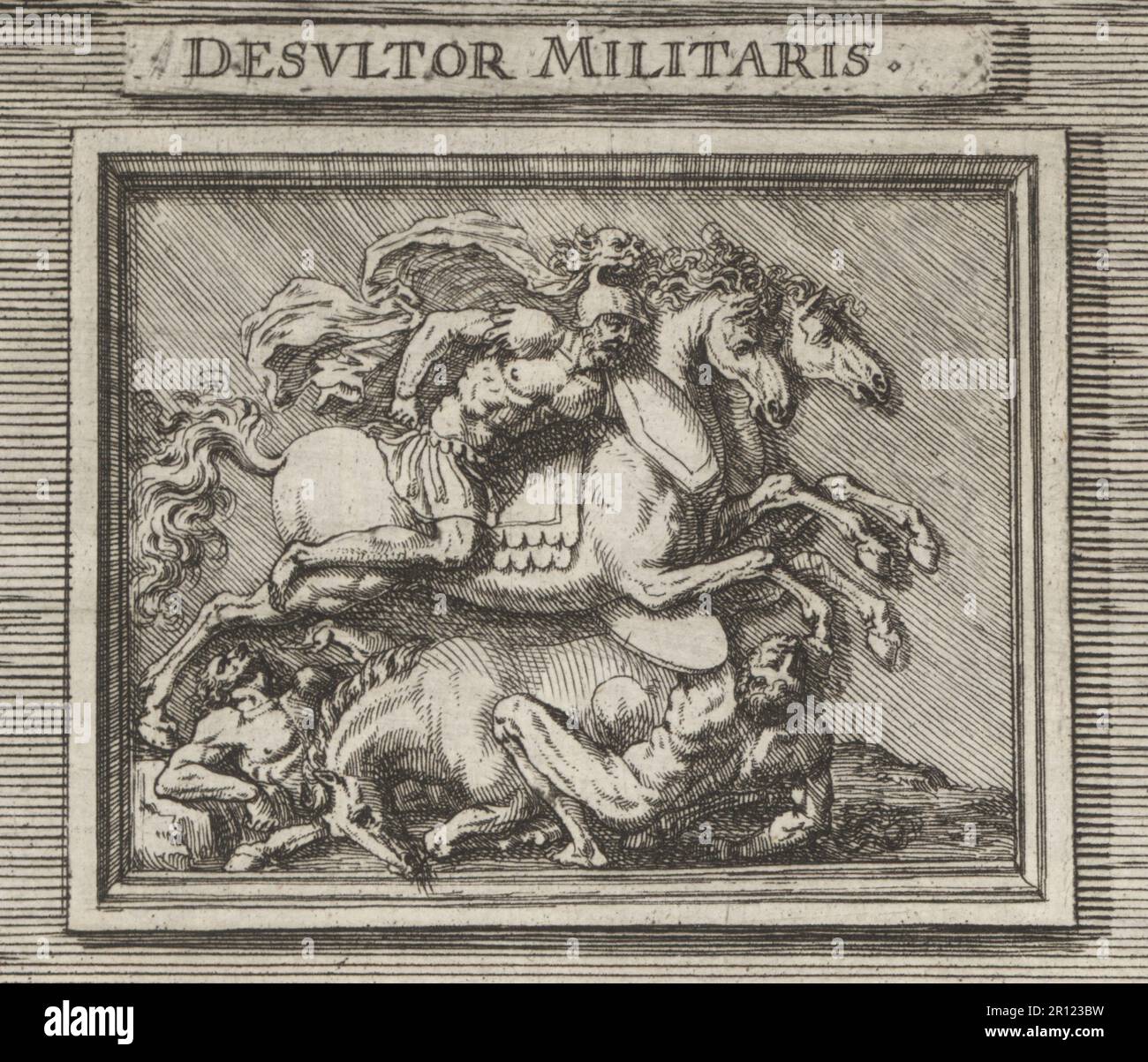 A Roman cavalryman or military desultor leaping between two horses over fallen warriors and a horse. The equestrian rider in helmet, cape, and lorica musculata breastplate, armed with a parma shield. Desultor Militaris. Copperplate engraving after an illustration by Joachim von Sandrart from his L’Academia Todesca, della Architectura, Scultura & Pittura, oder Teutsche Academie, der Edlen Bau- Bild- und Mahlerey-Kunste, German Academy of Architecture, Sculpture and Painting, Jacob von Sandrart, Nuremberg, 1675. Stock Photo