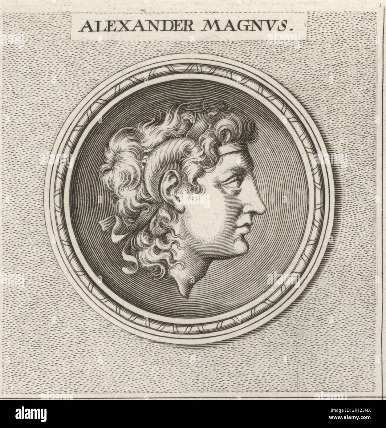Alexander III of Macedon or Alexander the Great, king of the ancient Greek kingdom of Macedon, 356-323 BC. Head of youth with diadem and horns of Ammon. Alexander Magnus. Copperplate engraving after an illustration by Joachim von Sandrart from his L’Academia Todesca, della Architectura, Scultura & Pittura, oder Teutsche Academie, der Edlen Bau- Bild- und Mahlerey-Kunste, German Academy of Architecture, Sculpture and Painting, Jacob von Sandrart, Nuremberg, 1675. Stock Photo