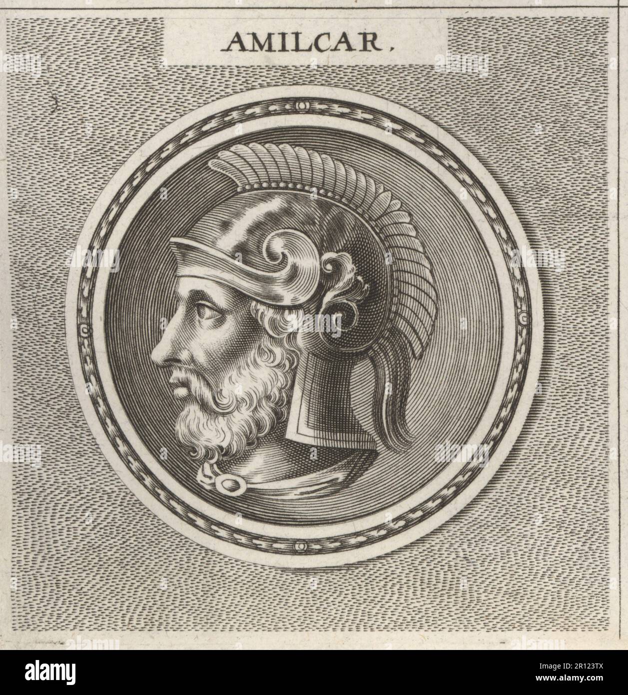 Hamilcar I of Carthage, Magonid general and king, c.510-480 BC. Son of Hanno, father of Gisco, killed at the Battle of Himera, Sicily. Head of bearded man in crested helmet. Amilcar. Copperplate engraving after an illustration by Joachim von Sandrart from his L’Academia Todesca, della Architectura, Scultura & Pittura, oder Teutsche Academie, der Edlen Bau- Bild- und Mahlerey-Kunste, German Academy of Architecture, Sculpture and Painting, Jacob von Sandrart, Nuremberg, 1675. Stock Photo