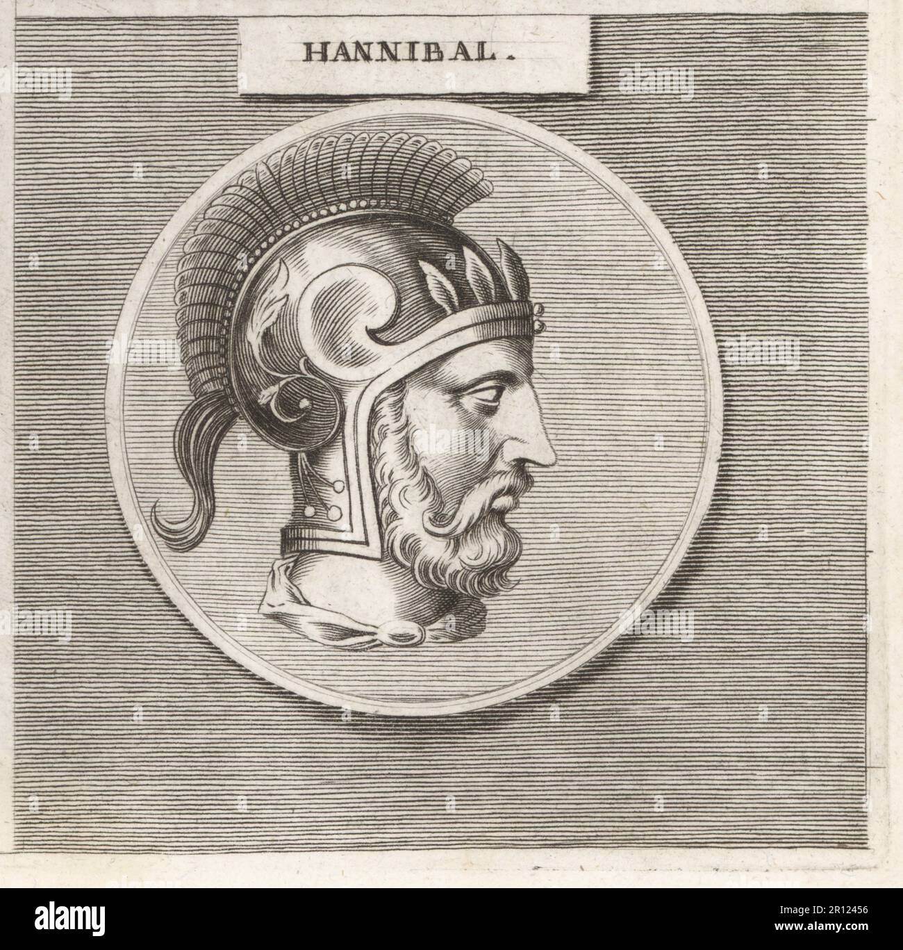 Hannibal, Carthaginian general, c.247-183 BC. Son of Hamilcar Barca, commanded the forces of Carthage against the Roman Republic during the Second Punic War. Profile of bearded man in crested helmet. Hannibal. Copperplate engraving after an illustration by Joachim von Sandrart from his L’Academia Todesca, della Architectura, Scultura & Pittura, oder Teutsche Academie, der Edlen Bau- Bild- und Mahlerey-Kunste, German Academy of Architecture, Sculpture and Painting, Jacob von Sandrart, Nuremberg, 1675. Stock Photo