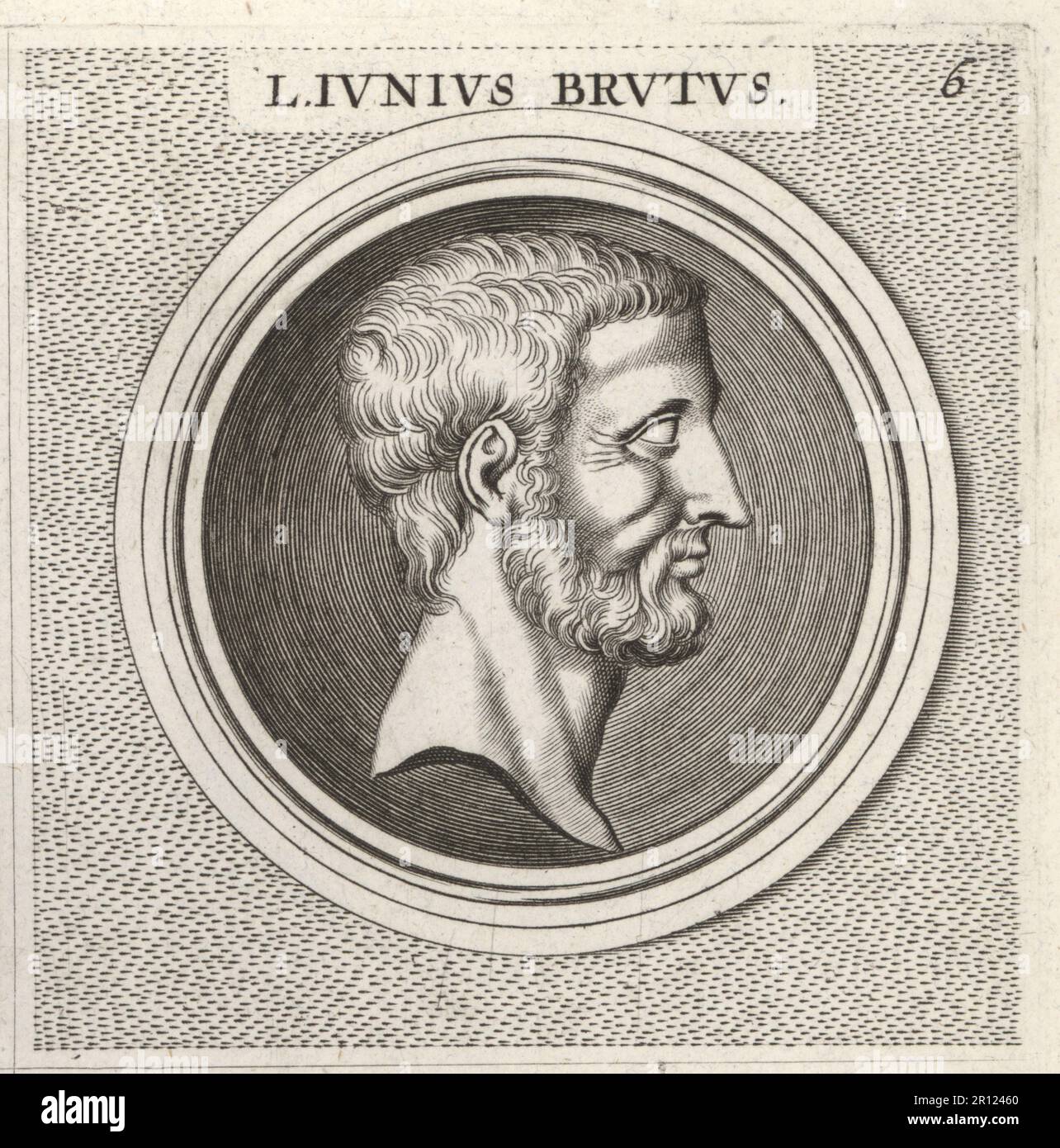 Lucius Junius Brutus, semi-legendary founder of the Roman Republic, 6th century BC. Traditionally one of its first consuls in 509 BC. L. Iunius Brutus. Copperplate engraving after an illustration by Joachim von Sandrart from his L’Academia Todesca, della Architectura, Scultura & Pittura, oder Teutsche Academie, der Edlen Bau- Bild- und Mahlerey-Kunste, German Academy of Architecture, Sculpture and Painting, Jacob von Sandrart, Nuremberg, 1675. Stock Photo