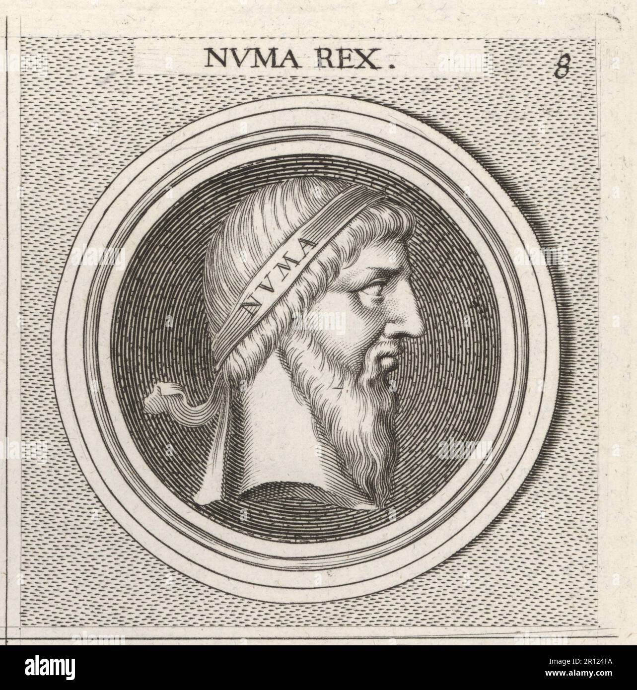 Numa Pompilius, legendary second king of Rome, c.753–672 BC. Credited with the invention of the Roman calendar, Vestal Virgins, the cults of Mars, Jupiter and Romulus, and the office of pontifex maximus. Numa Rex. Copperplate engraving after an illustration by Joachim von Sandrart from his L’Academia Todesca, della Architectura, Scultura & Pittura, oder Teutsche Academie, der Edlen Bau- Bild- und Mahlerey-Kunste, German Academy of Architecture, Sculpture and Painting, Jacob von Sandrart, Nuremberg, 1675. Stock Photo
