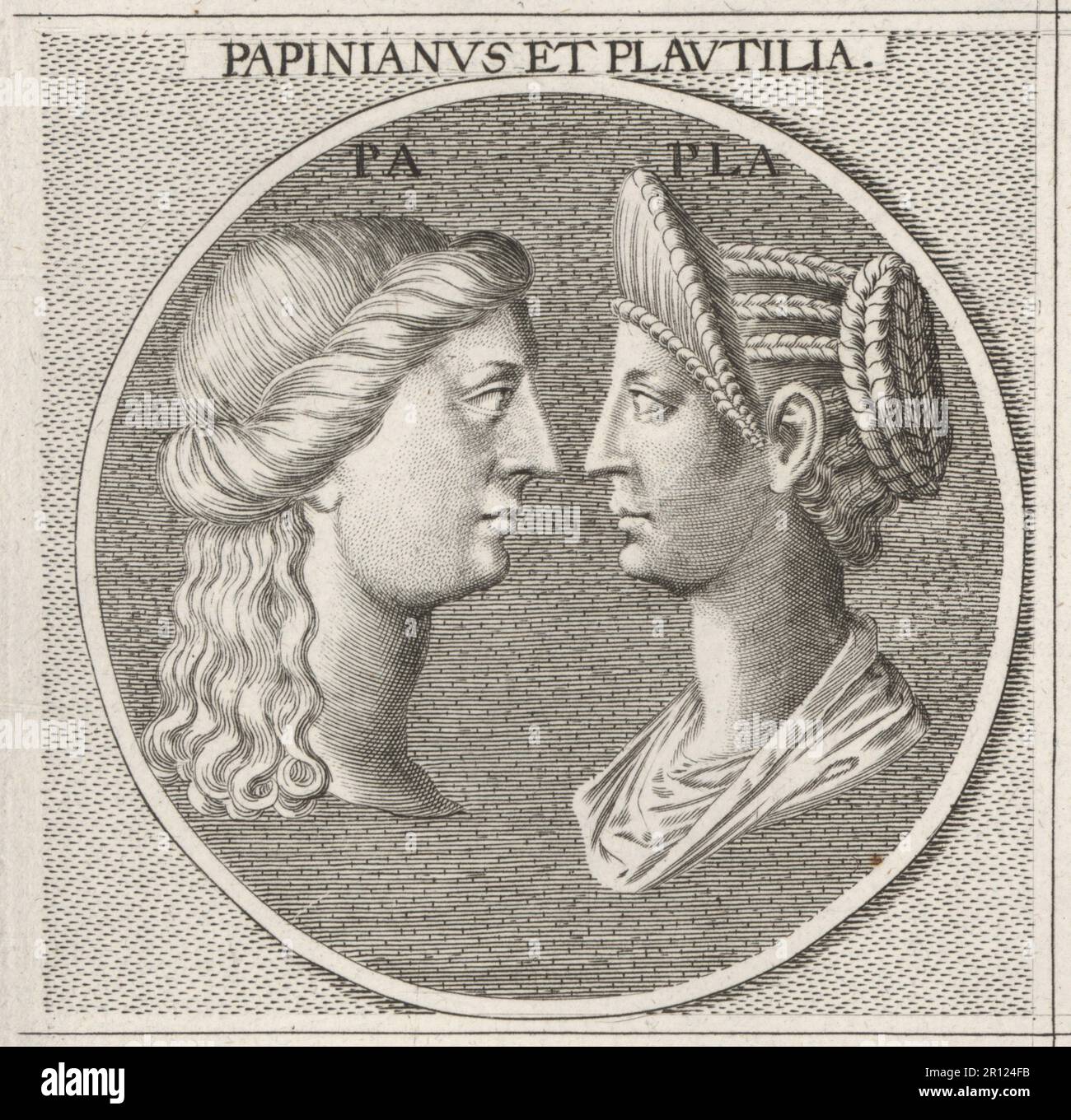 Roman jurist Papinian and Empress Publia Fulvia Plautilla (died 211), wife of Roman emperor Caracalla, exiled after the execution of her father Gaius Fulvius Plautianus. Papinianus et Plautilia. Copperplate engraving after an illustration by Joachim von Sandrart from his L’Academia Todesca, della Architectura, Scultura & Pittura, oder Teutsche Academie, der Edlen Bau- Bild- und Mahlerey-Kunste, German Academy of Architecture, Sculpture and Painting, Jacob von Sandrart, Nuremberg, 1675. Stock Photo